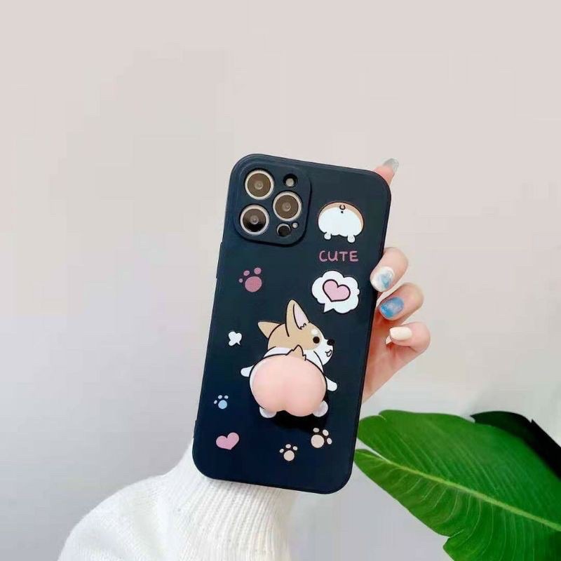 Ốp lưng iPhone 6 đến 12 Pro Max hoạt hình mochi chuột mông quả đào Hồng kute viền vuông bảo vệ camera