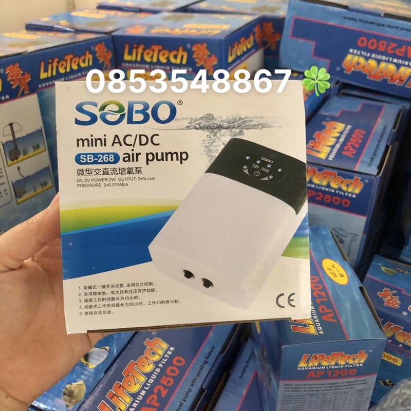 Máy Sủi Oxy Tích Điện 2 Vòi Sobo SB-268 (2W - 2x3Lít/Phút) , SEBO 1 vòi SB -168 - Phòng Cúp Điện Cho Hồ Cá