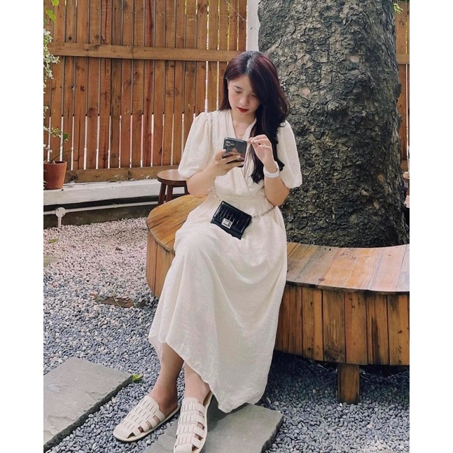 Váy đầm cổ v vạt chéo tay bồng dáng dài kèm dây buộc eo