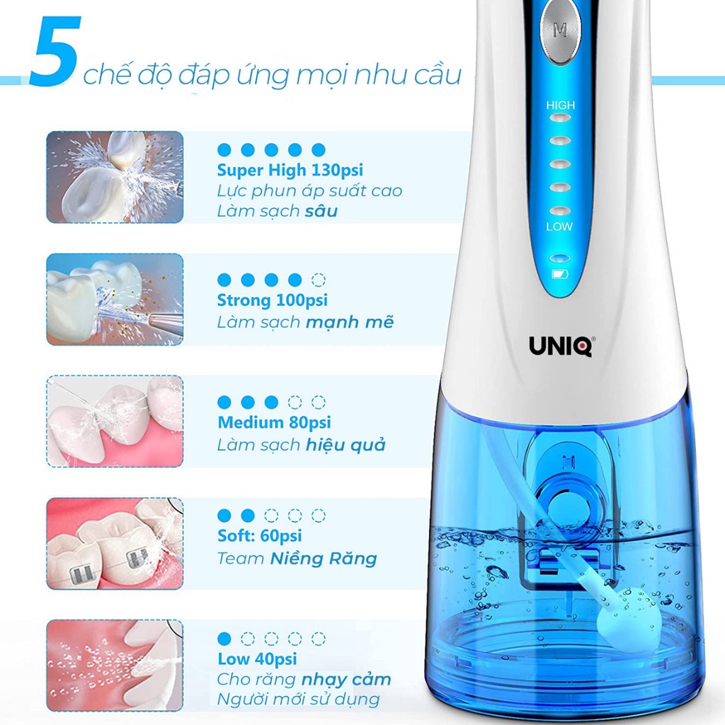 Tăm nước cầm tay UNIQ Smile S1 vệ sinh răng miệng mini, làm sạch kẽ răng niềng