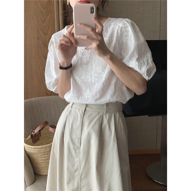 Áo Sơ Mi Cotton Tay Ngắn Thêu Hoa Tinh Tế 50689