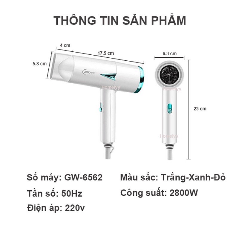 Máy Sấy Tóc 2 Chiều Nóng Lạnh GW- 6562 Công Suất Lớn 2800W Công Nghệ Mới Không Gây Khô Tóc