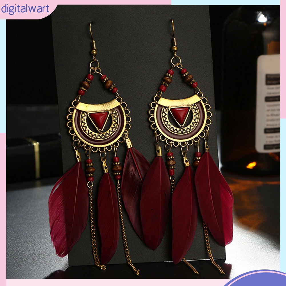 Đôi Khuyên Tai Dài Gắn Lông Vũ Phong Cách Retro Thời Trang Cho Nữ