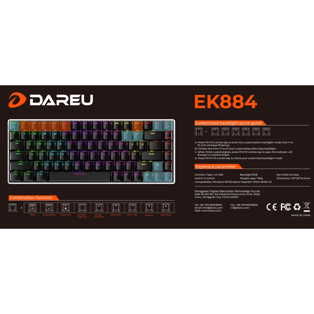 Bàn phím cơ Gaming DAREU EK884 84KEY RGB