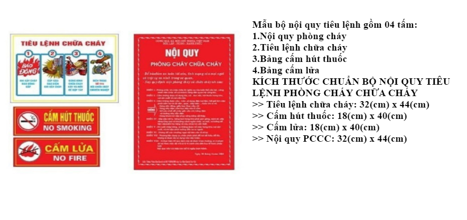 Bộ nội quy, tiêu lệnh PCCC - BỘ NỘI QUY - TIÊU LỆNH - CẤM LỬA - CẤM HÚT THUỐC ( 4 LOẠI 1 BỘ)