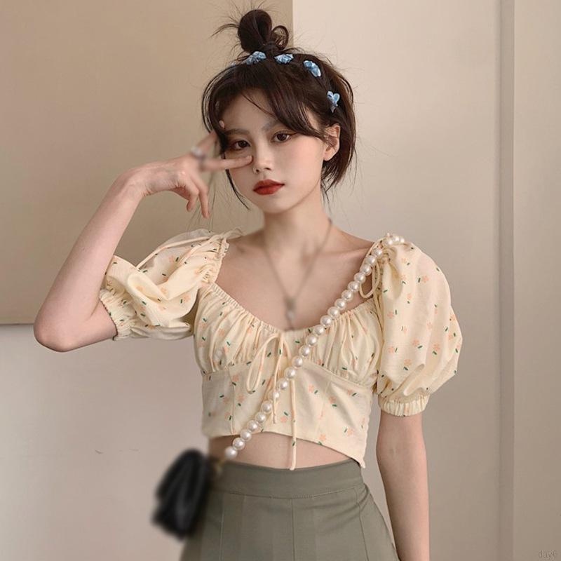 Áo thun tay phồng cổ chữ V in họa tiết hoa xinh xắn thời trang cho nữ