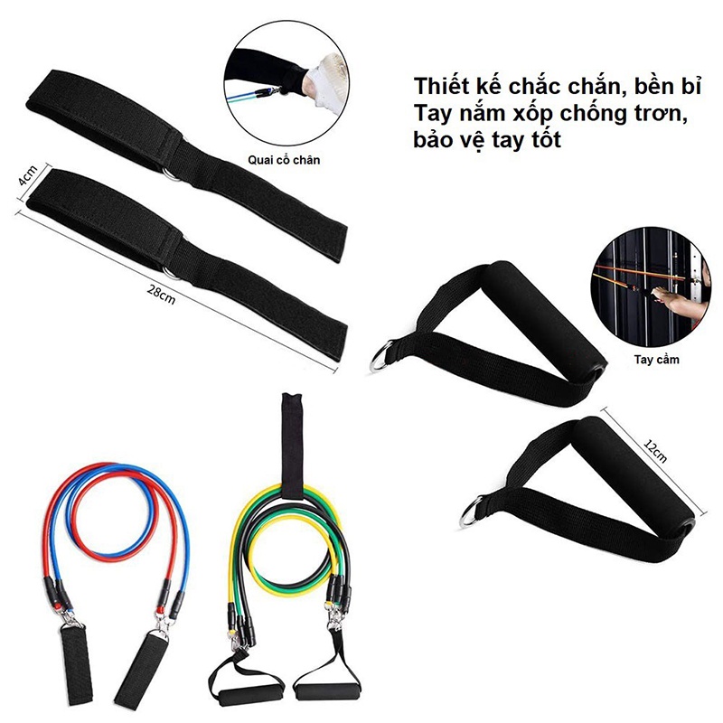 Bộ dây kháng lực ngũ sắc tập gym 11 món cao cấp - Resistance band dây kháng lực thể hình thể lực tập ngực body