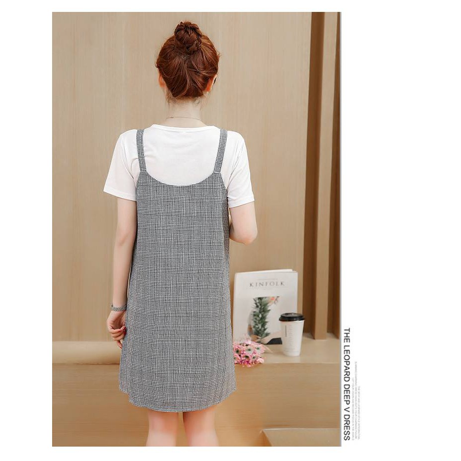 Váy Bầu Công Sở, Đầm Bầu , Sét Yếm Bầu Kẻ Cổ Tim Dây Quai MYC1053