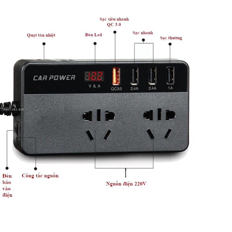 Tẩu chuyển đổi điện INVERTER 24V lên 220V dùng trên các dòng ô tô công suất 200W