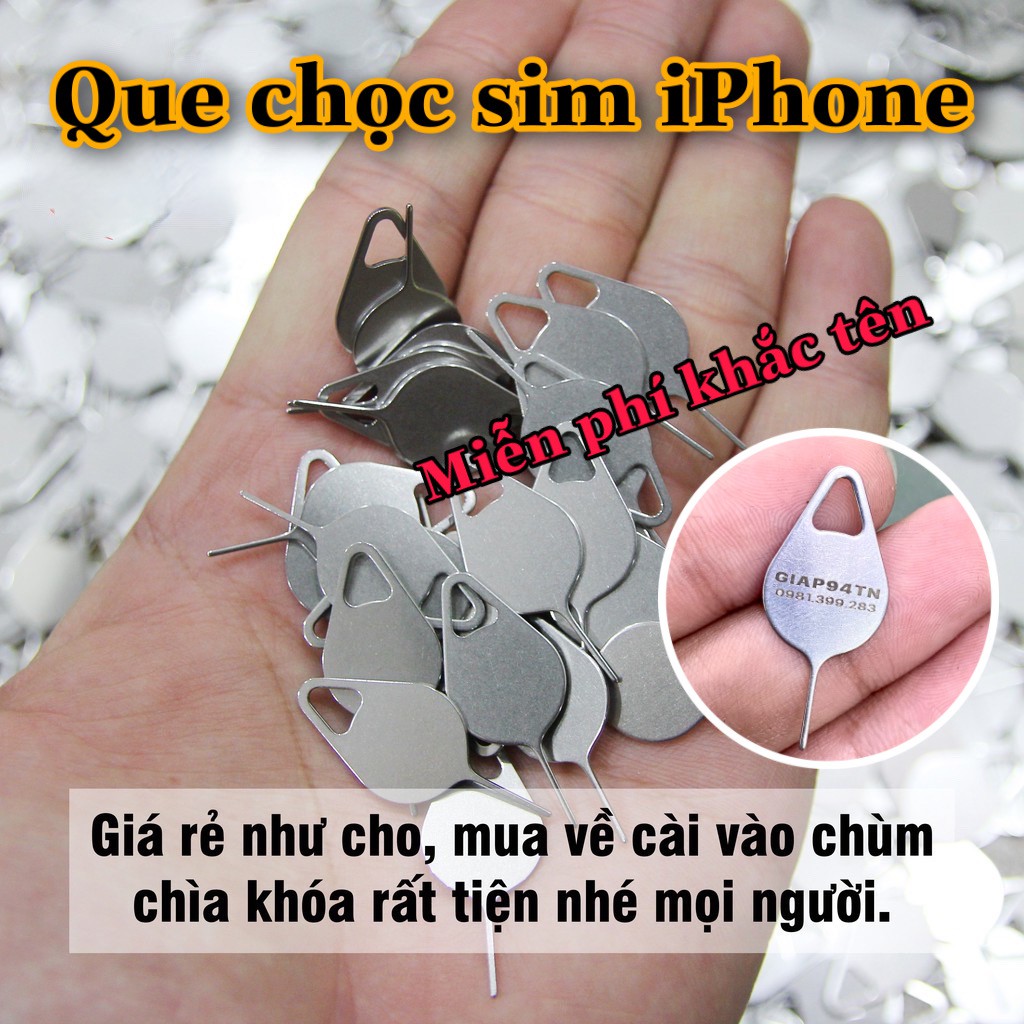 Que chọc sim inox khắc tên, cây lấy sim iPhone thép không gỉ