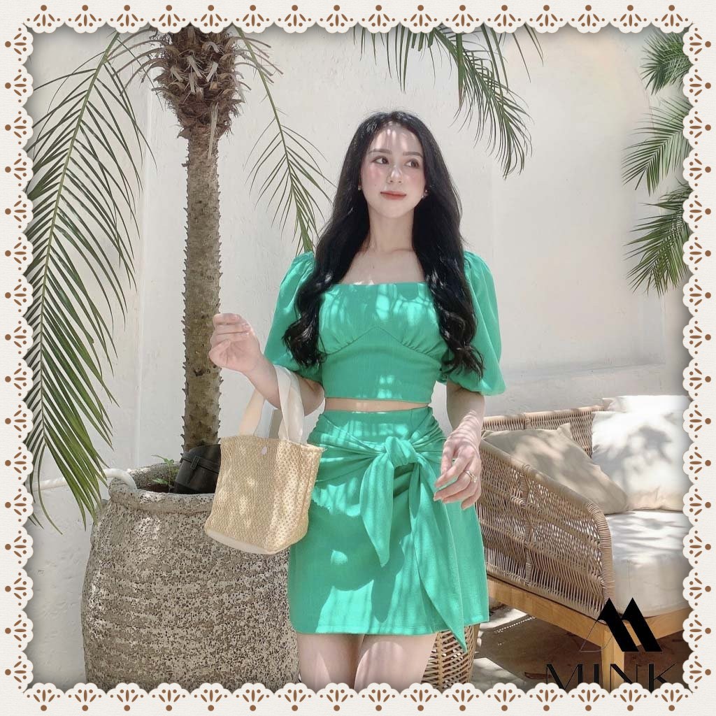 [HÀNG THIẾT KẾ] Set Áo CropTop + Chân Váy Zip Cột Nơ - Chất Liệu Kaki Thun Nhập Nhẩu - Màu Xanh Ngọc/ Nâu Tây | BigBuy360 - bigbuy360.vn