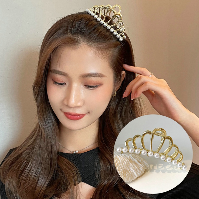 Kẹp Tóc Kim Loại Hình Vương Miện Đính Ngọc Trai Nhân Tạo Thời Trang