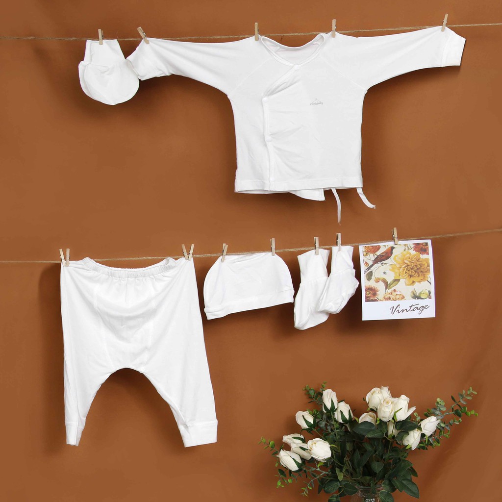 Set quần áo sơ sinh 5 món cho bé ComfyBaby (quần áo, bao chân tay, mũ) MÀU XANH -chất Modal làm từ sợi cây sồi siêu mềm