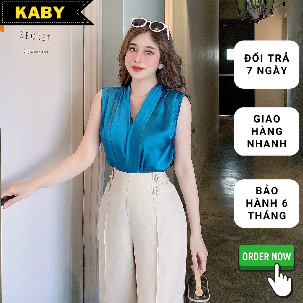 Sét bộ quần ống rộng phối áo cổ đổ màu xanh hàng hiệu LS01