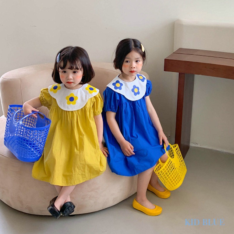 Đầm Công Chúa Mùa Hè Tay Phồng Cổ Bẻ In Họa Tiết Hoa Dễ Thương Phong Cách Hàn Quốc Cho Bé Gái