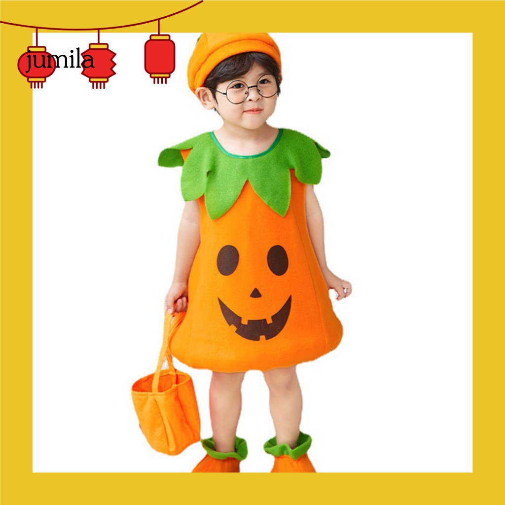 Đầm Thun Spandex Sát Nách Kèm Nón Hình Bí Ngô Halloween Cho Bé Gái