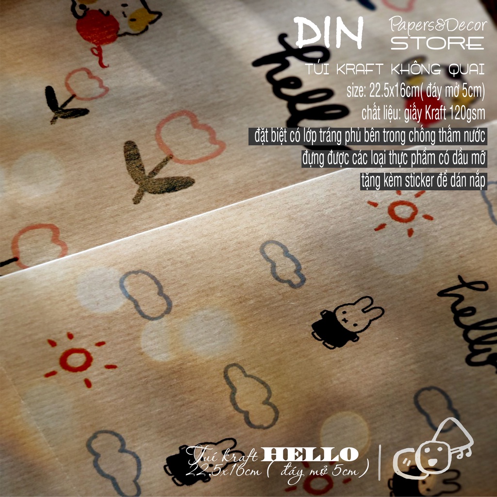 [TẶNG tem niêm phong] Túi giấy Kraft &quot;Hello&quot; KT 16x22.5cm - Bì giấy gói quà craft không quai, nắp gấp dán sticker