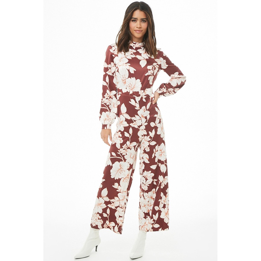 F21 auth Bộ jumpsuit họa tiết hoa, ống rộng Satin Floral Print Wide-Leg Jumpsuit