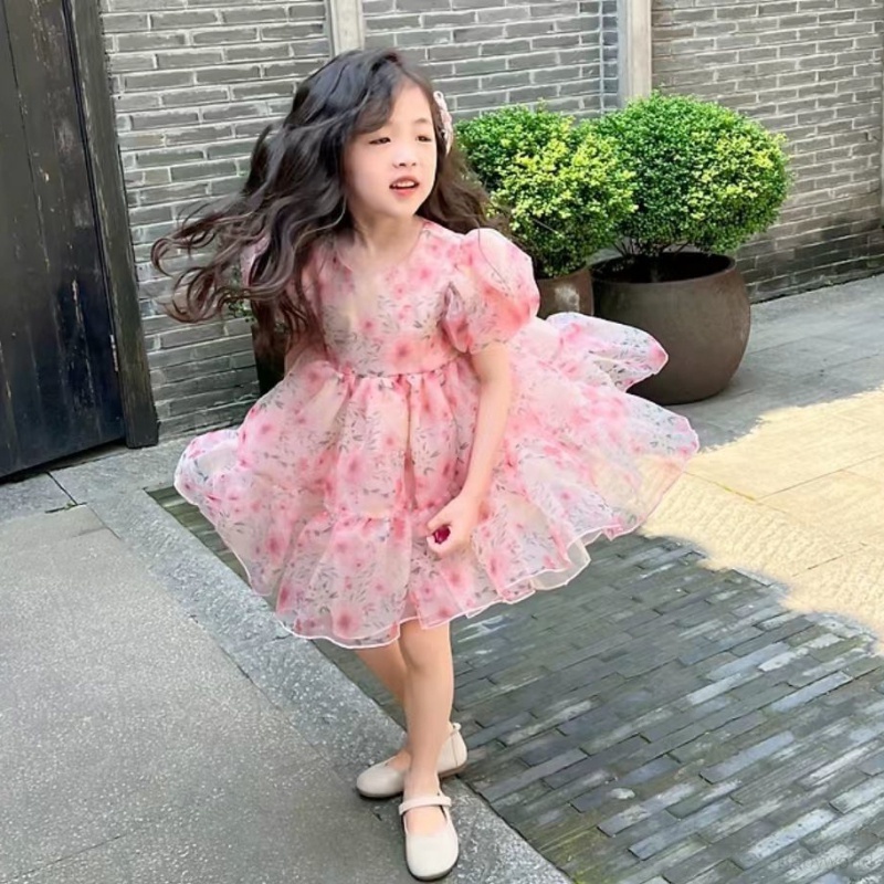 Đầm Tay Phồng Phối Lưới Họa Tiết Hoa Hồng Dễ Thương Thời Trang Mùa Hè Cho Bé Gái