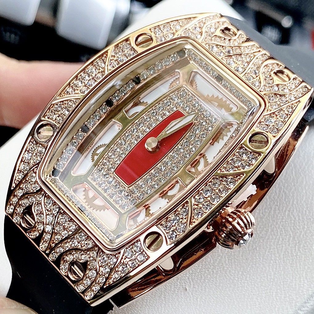 Đồng Hồ Nữ Davena Dây Silicon Đen Mặt Hoa Văn Đính Đá Rose Gold D31995 36mm Authentic