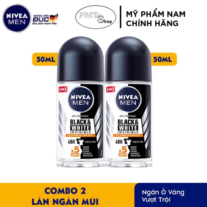 Combo 2 Lăn Ngăn Mùi NIVEA MEN Black &amp; White 5in1 Ultimate Impact 50ml x 2 chai Ngăn Vệt Ố Vàng Vượt Trội