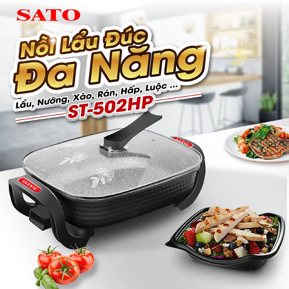 Nồi lẩu điện đa năng SATO 50NL51, Bếp lẩu đa năng dung tích 5L nấu, xào rán, Phù hợp cho 4 - 6 người Bảo hành 12 tháng