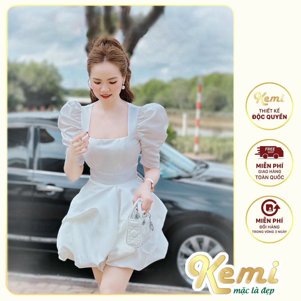 Váy cổ vuông tay bồng, đầm bồng dáng xòe tiểu thư chất Tafta cao cấp kiểu công chúa bồng bềnh 3 màu Kemi