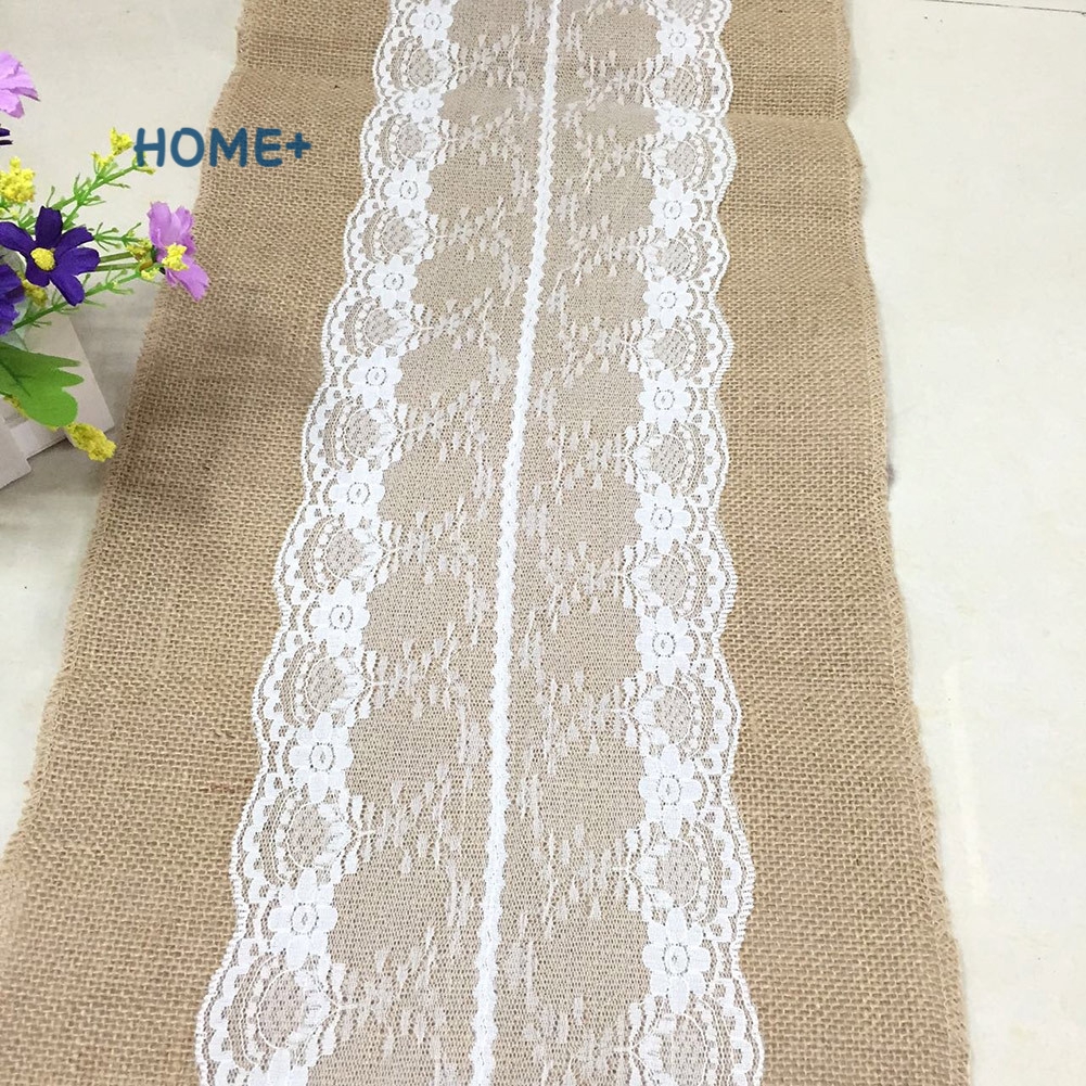 Vintage Burlap Jute Linen Table Runner Lace Cloth Dinning Room Table Gadget Home Decor Accessory @vn
