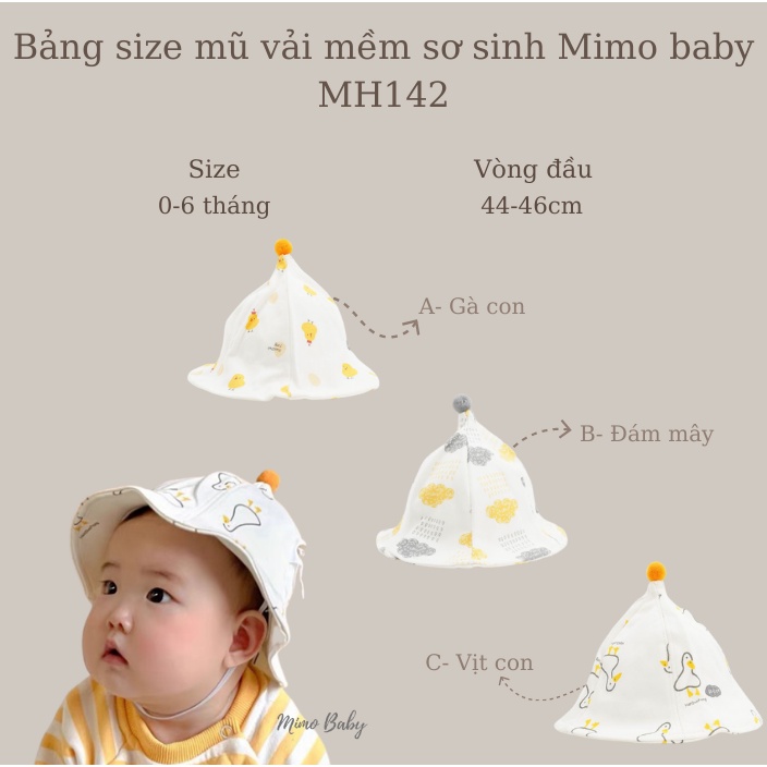 Mũ sơ sinh vải mềm chóp bông in họa tiết dễ thương cho bé MH142 Mimo Baby