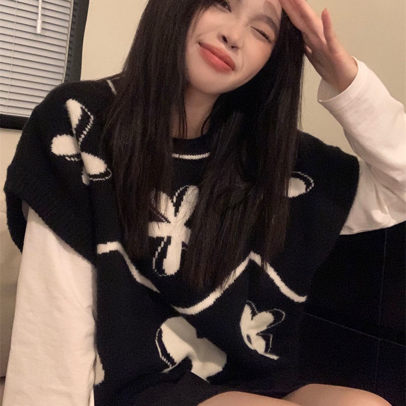Áo Len Không Tay Dáng Rộng Họa Tiết Hoa Trắng Đen Thời Trang Cho Nữ