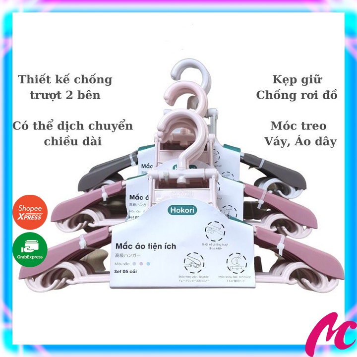 Set 05 móc treo quần áo người lớn Hokori cao cấp nhựa Việt Nhật 2832,mắc treo quần áo, móc phơi đồ người lớn tiện lợi_MC