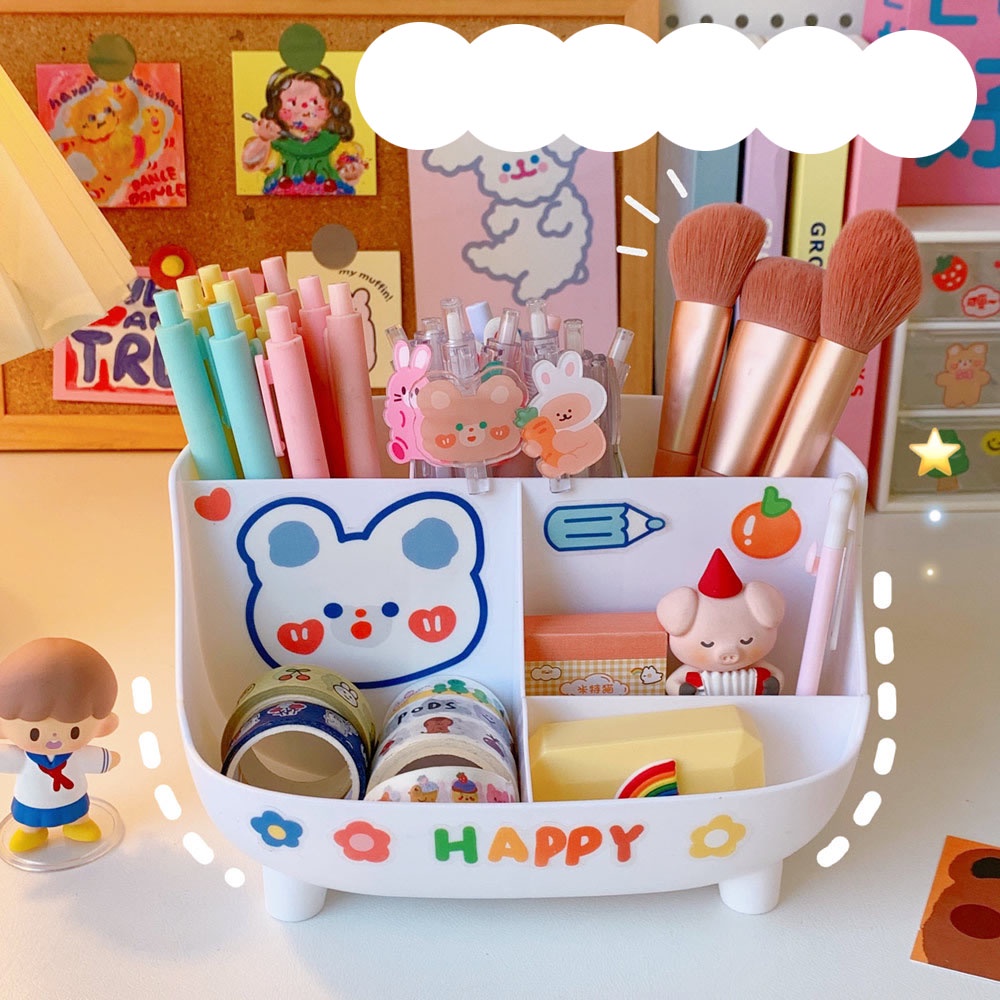 Ống đựng bút để bàn nhiều ngăn, lọ cắm bút, đồ dùng cá nhân kèm sticker siêu xinh