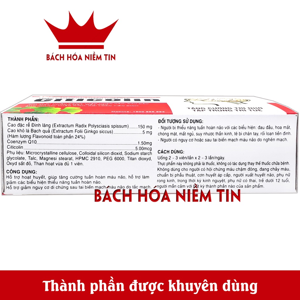 Hoạt Huyết Dưỡng Não Citicolin - Coenzyme Q10 giảm đau đầu hoa mắt chóng mặt mất ngủ rối loạn tiền đình - Hộp 100 viên