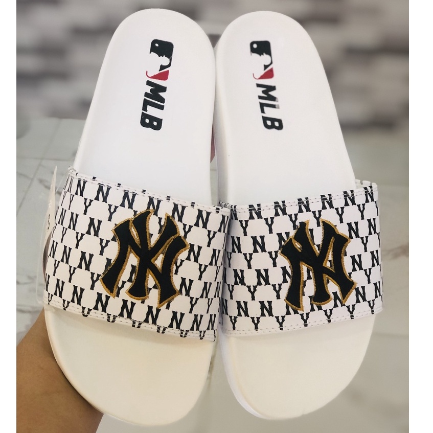 Dép unisex 𝐌𝐋𝐁 𝗡𝗬 ❤️FREESHIP + Hộp❤️ dép mlb quai ngang thể thao nữ Thêu nỗi NY-NY trắng chữ đen D.GV-trắng-chữ-đen