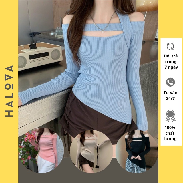 Áo thun gân nữ tay dài trễ vai ôm body vạt chéo sexy HALOVA AT3