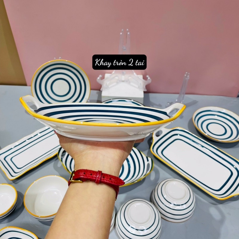 Bộ bát đĩa gốm sứ decor bộ Nhật kẻ siêu đẹp