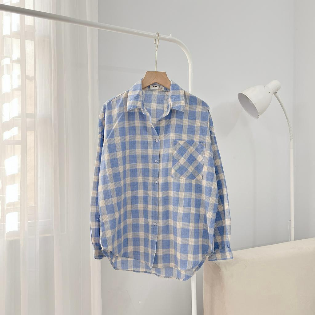 Áo Sơ Mi Kẻ Caro Tay Dài Phồng Chất Thô Đũi Mềm Mại 1 Túi Vuông, Sơ Mi Caro Nữ Tay Phồng Freesize Form Rộng SUBICI