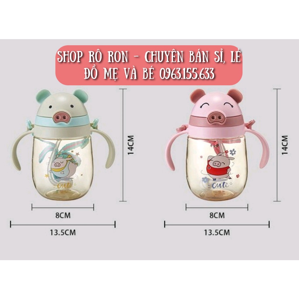 [Tặng kèm dây đeo] Bình nước chống sặc - Bình tập uống cho bé hình Lợn con [415ml] - Shop Rô Ron