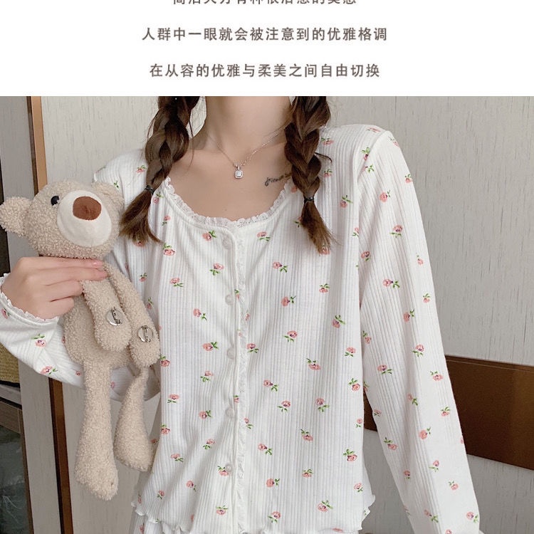 Bộ đồ ngủ tay dài in họa tiết hoa nhỏ xinh xắn thời trang xuân thu cho nữ