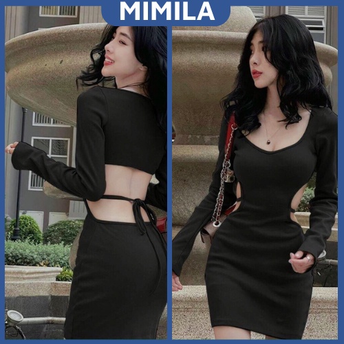 Váy Body Dài Tay MIMILA Đầm Body Khoét Eo Vải Thun Gân Co Giãn 4 Chiều Siêu Cá Tính - M1BD040