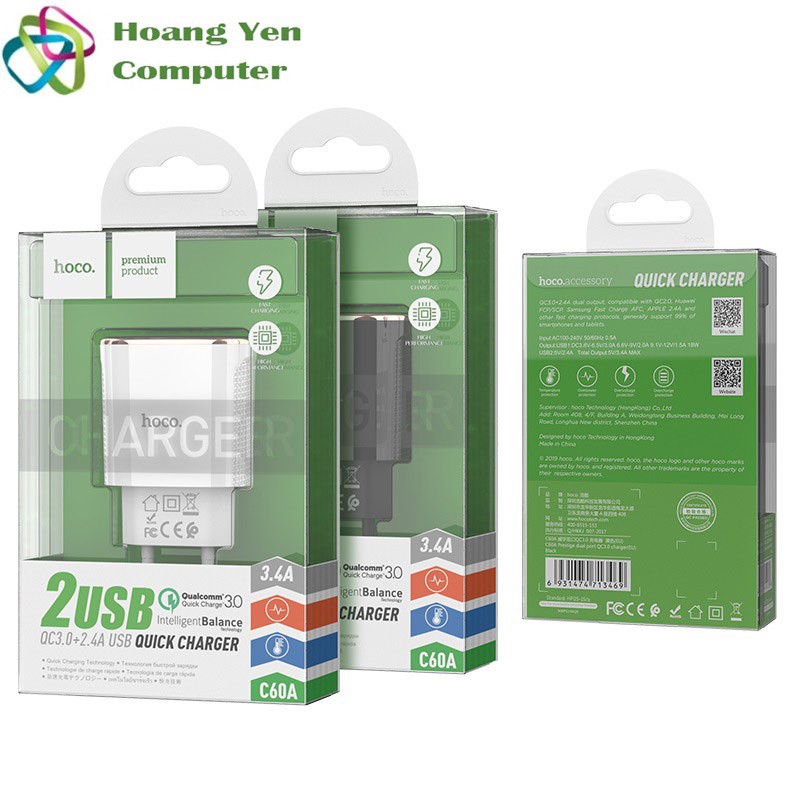 Cốc Sạc Nhanh Hoco C60A QC3.0 18W 2 Cổng USB - BH 1 năm Chính Hãng - Hoàng Yến Computer