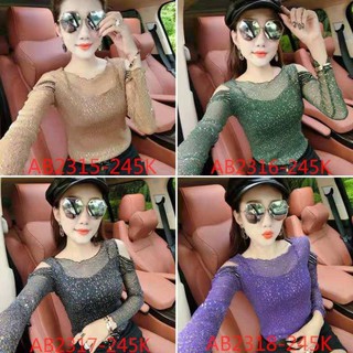 (AB2315-2318) Áo thun dài tay hở vai vải lưới phối chỉ kim tuyến lấp lánh thời trang dành cho nữ 💗