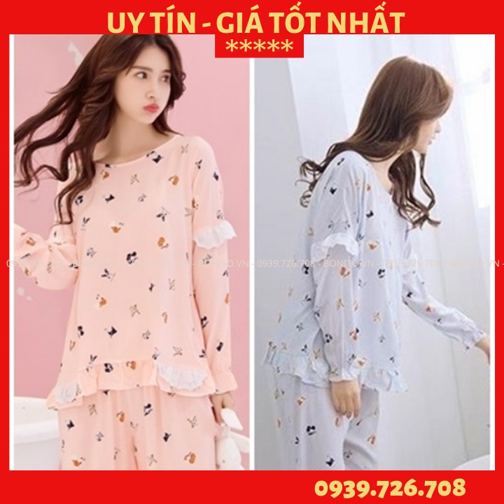 Bộ ngủ nữ đẹp quần dài - Bộ đồ cotton lụa dài tay mặc nhà chất vải mịn thoáng mát MÀU xanh và hồng