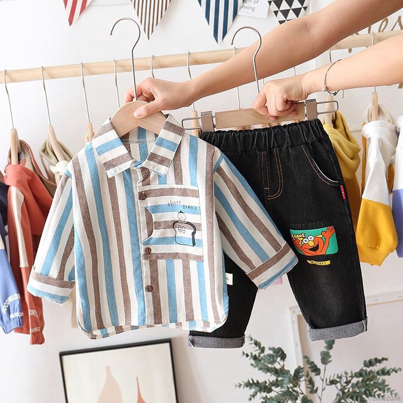 Bộ áo thun dài tay kẻ sọc + quần dài in hoạt hình cho bé trai