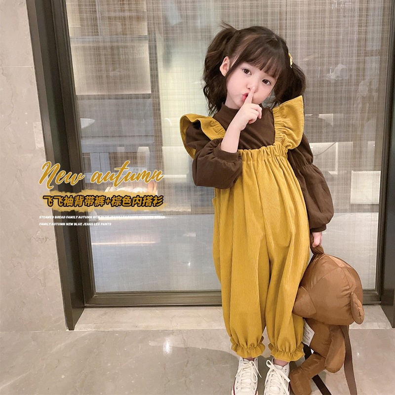 (8-20kg) Quần yếm bé gái kèm áo, set quần jump nhung vàng phối áo nâu Set Jumpsuit cho bé TB157
