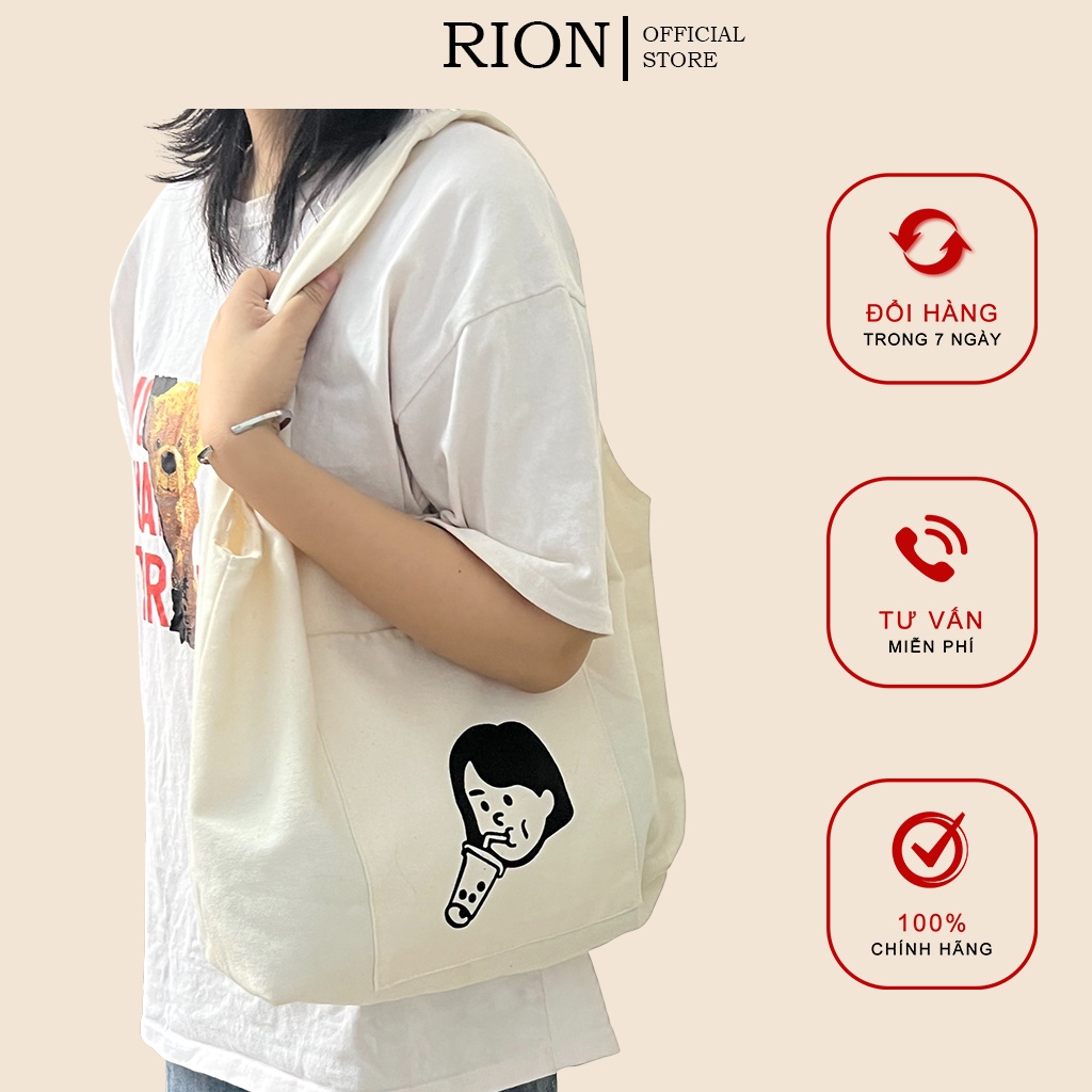 Túi vải tote đeo chéo, túi xách nữ hoạ tiết trà sữa phong cách hiện đại đi học đi chơi, đựng vừa a4 | TV04