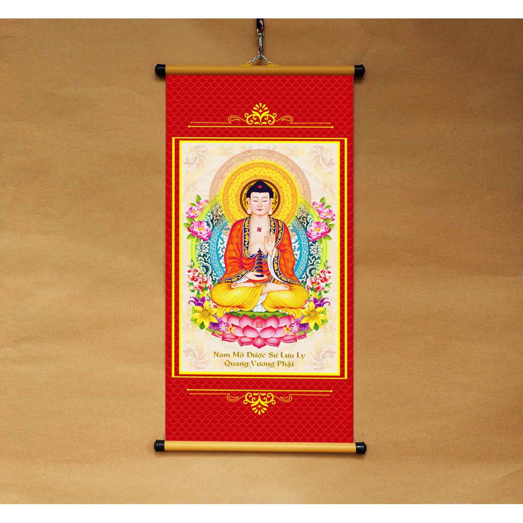 Tranh Phật Dược Sư 30x60cm treo tường bằng vải phủ bóng cao cấp dày dặn