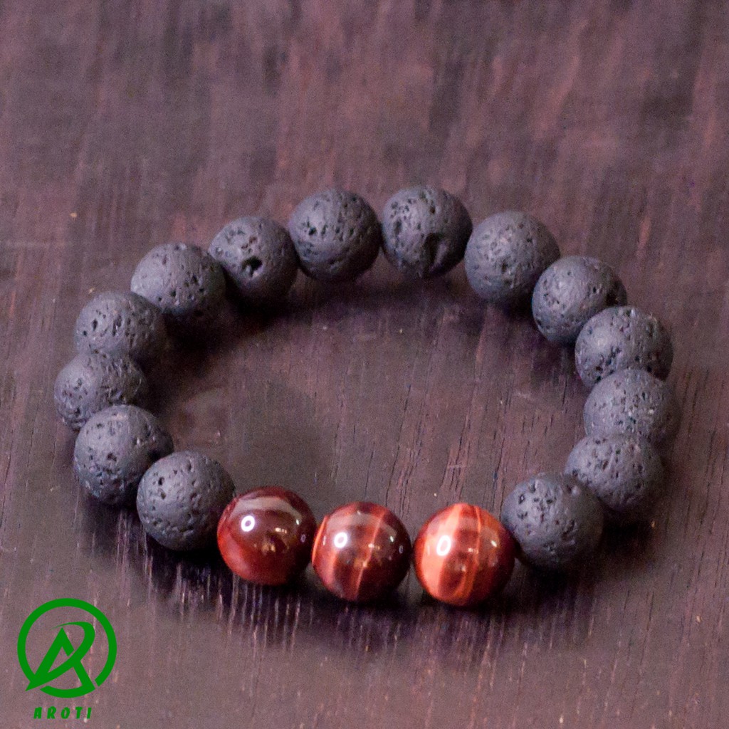 V221-12 Vòng phong thủy đá núi lửa 12 ly mix mắt hổ đỏ V221-12(GB)- Kèm Vòng Gỗ Bách Xanh