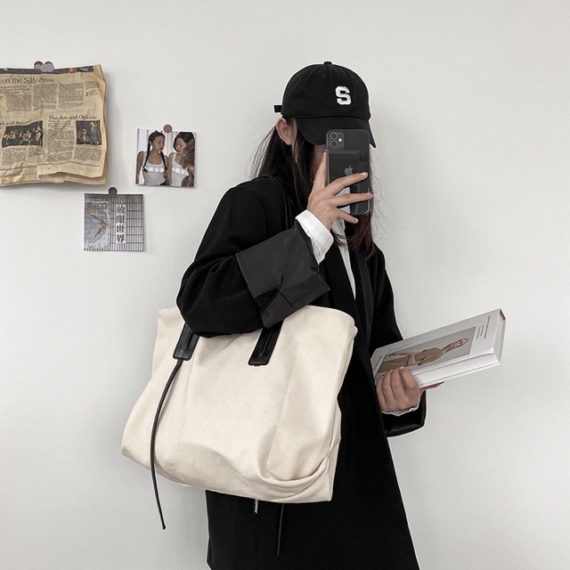 Túi vải canvas tote đeo vai phong cách Hàn Quốc đựng đồ cỡ lớn ( có kèm thêm túi nhỏ đựng đồ )