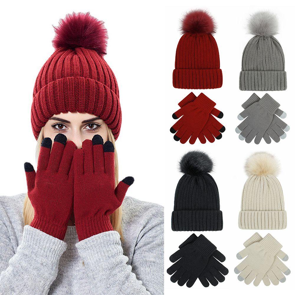 Bộ Mũ Beanie Và Găng Tay Đan Len Dày Dặn Ấm Áp Mùa Đông